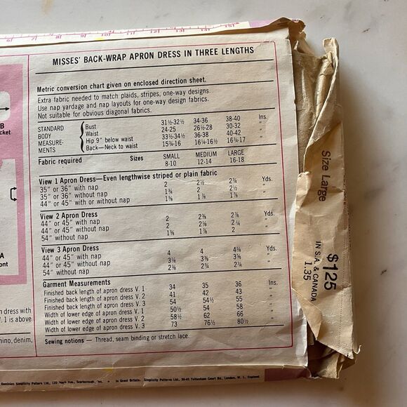 Vintage Simplicity Pattern 6915 Misses Back-wrap Apron Dress 3 Lengths Sz 16-18 - Picture 5 of 6